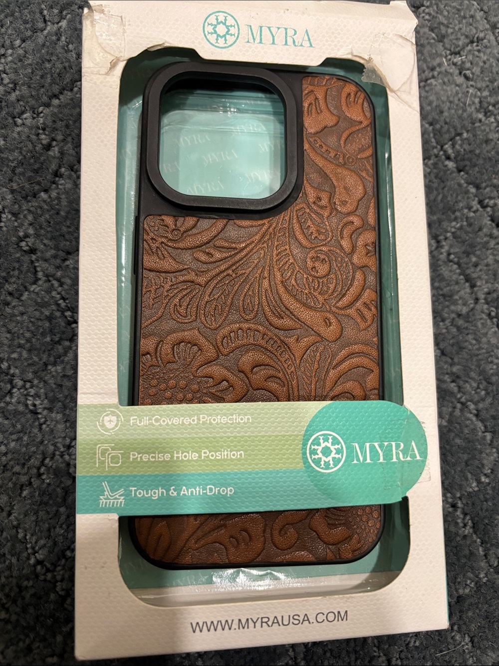 Myra Bag Brown Embossed Floral Leather Phone 15 Pro Case